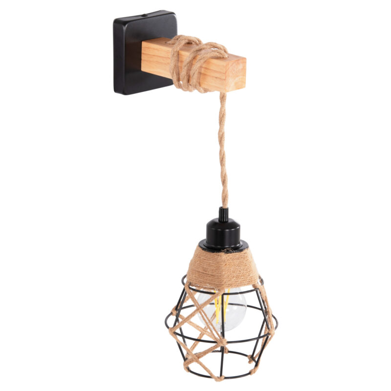 Лампа, HM4466, Натурален-Черен, Въже, Дърво, 15.5х21х44см.