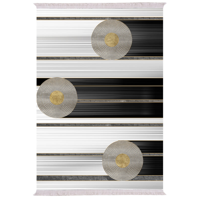 Килим, LIVING ROOM CARPET WITH FRINGES WHITE-BLACK-GOLD, Бял, Пластмаса, 80х150см.